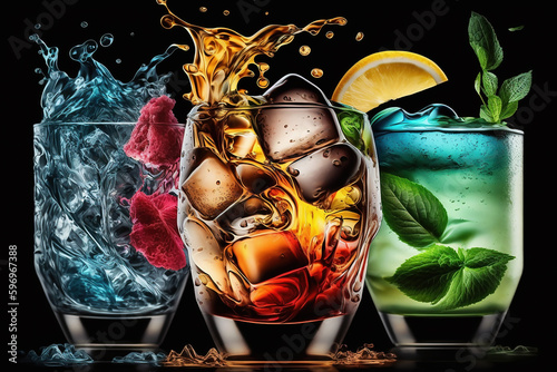 Psycadelic coloured drinks splashing into glasses with ice and garnishes against a black background.  Generative AI. photo