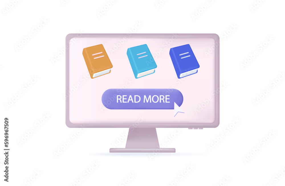 Ebook, digital library 3d. Collection of books on the computer screen. The concept of e-education, online learning. Digital books, purchase in the online store. Click the read more button. Vector. Ebook, digital library 3d. Collection of books on the computer screen. The concept of e-education, online learning. Digital books, purchase in the online store. Click the read more button. Vector.