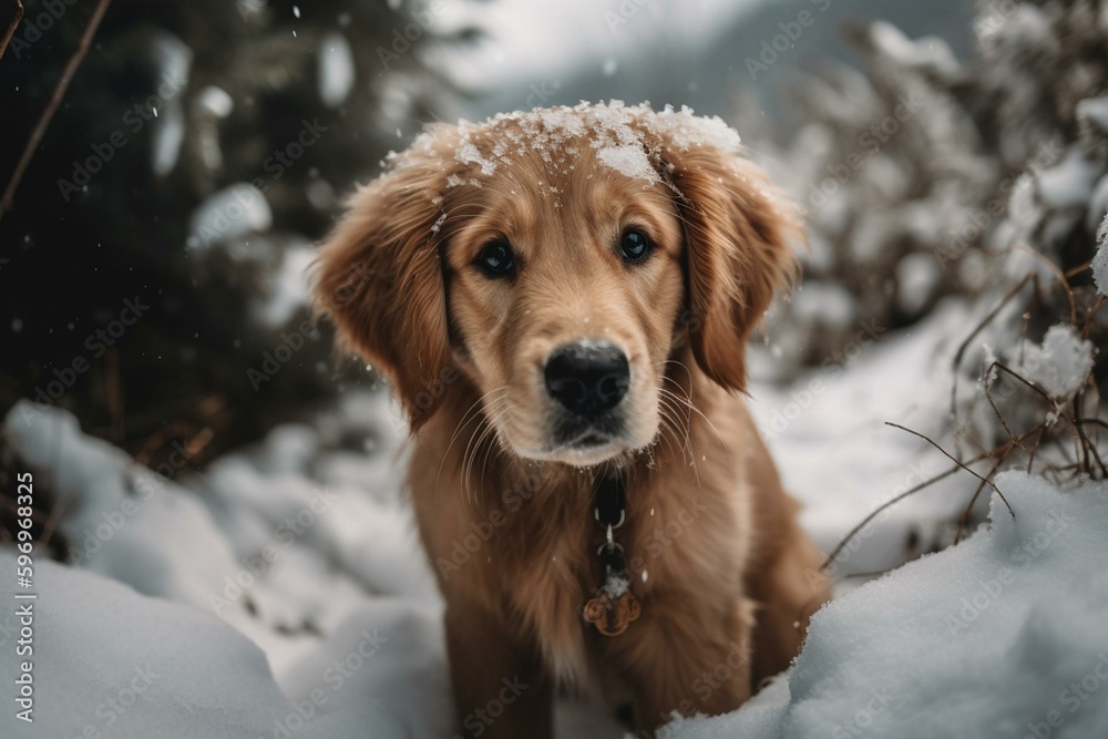 Adorable golden retriever puppy looking cute and playful while exploring the snowy surroundings. Generative AI