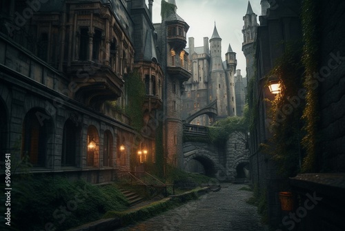 A street leading to a fantasy castle in the city. Generative AI