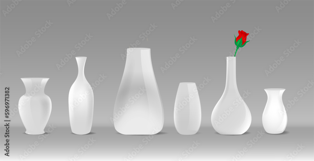 Set realistic empty glass flower pot or transparent flower pot with rose - 3d illustrator Set realistic empty glass flower pot or transparent flower pot with rose - 3d illustrator
