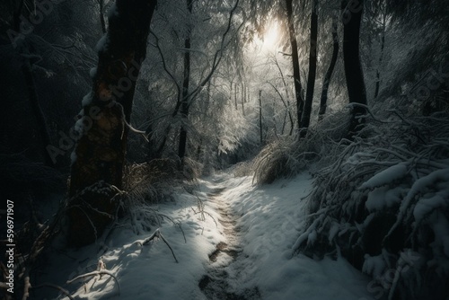 A path through a forest covered in snow. Generative AI