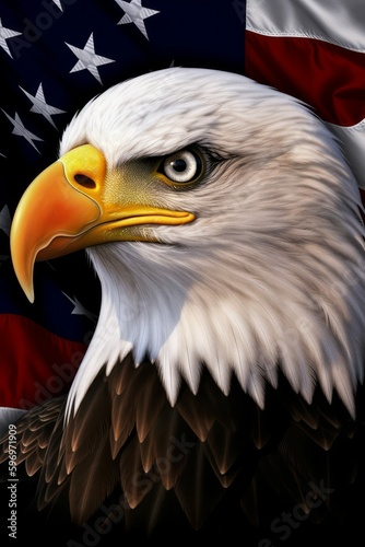 Fierce Eagle in front of USA Flag, Patriotic Photorealistic Illustration [Generative AI]