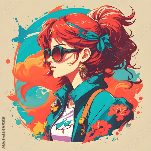 Cool female with sunglasses in colorful splashes created with AI-Generated technology
