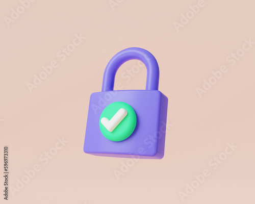 Padlock with check mark icon minimal style isolated on pink background. Lock. Locked padlock, restricted access, keyhole, protection privacy, safety. Security concept. 3D cartoon render illustration