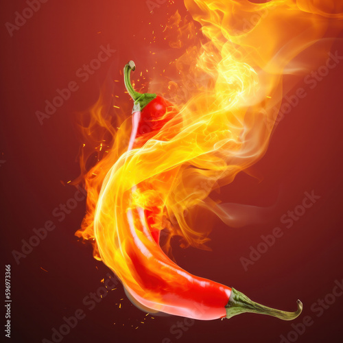 A black background highlights the intensity of this red hot chili pepper with yellow and red flames. Ready to take on the challenge? AI Generative. photo