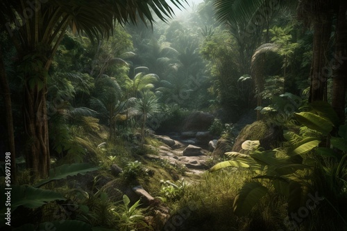 2d artwork of tropical wilderness with abundant foliage and unique plants. Generative AI