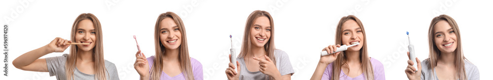Set of young woman with different tooth brushes on white background Set of young woman with different tooth brushes on white background
