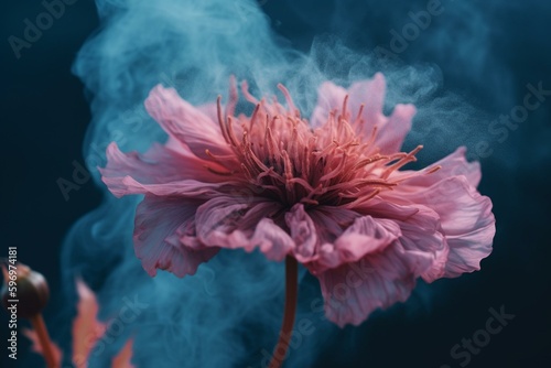 A big pink flower with smoky center on blue with smaller pink flower. Generative AI