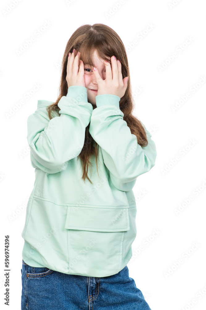 Young girl with Downs syndrom hiding eyes under hand while feeling ashamed, covering face with palms. Isolated on white background Young girl with Downs syndrom hiding eyes under hand while feeling ashamed, covering face with palms. Isolated on white background