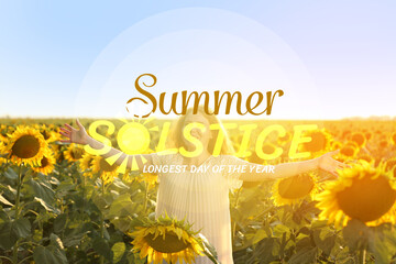 Woman in sunflower field on sunny day. Summer solstice
