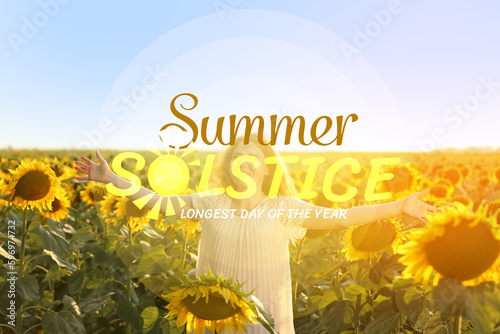 Konstfotografi Woman in sunflower field on sunny day. Summer solstice