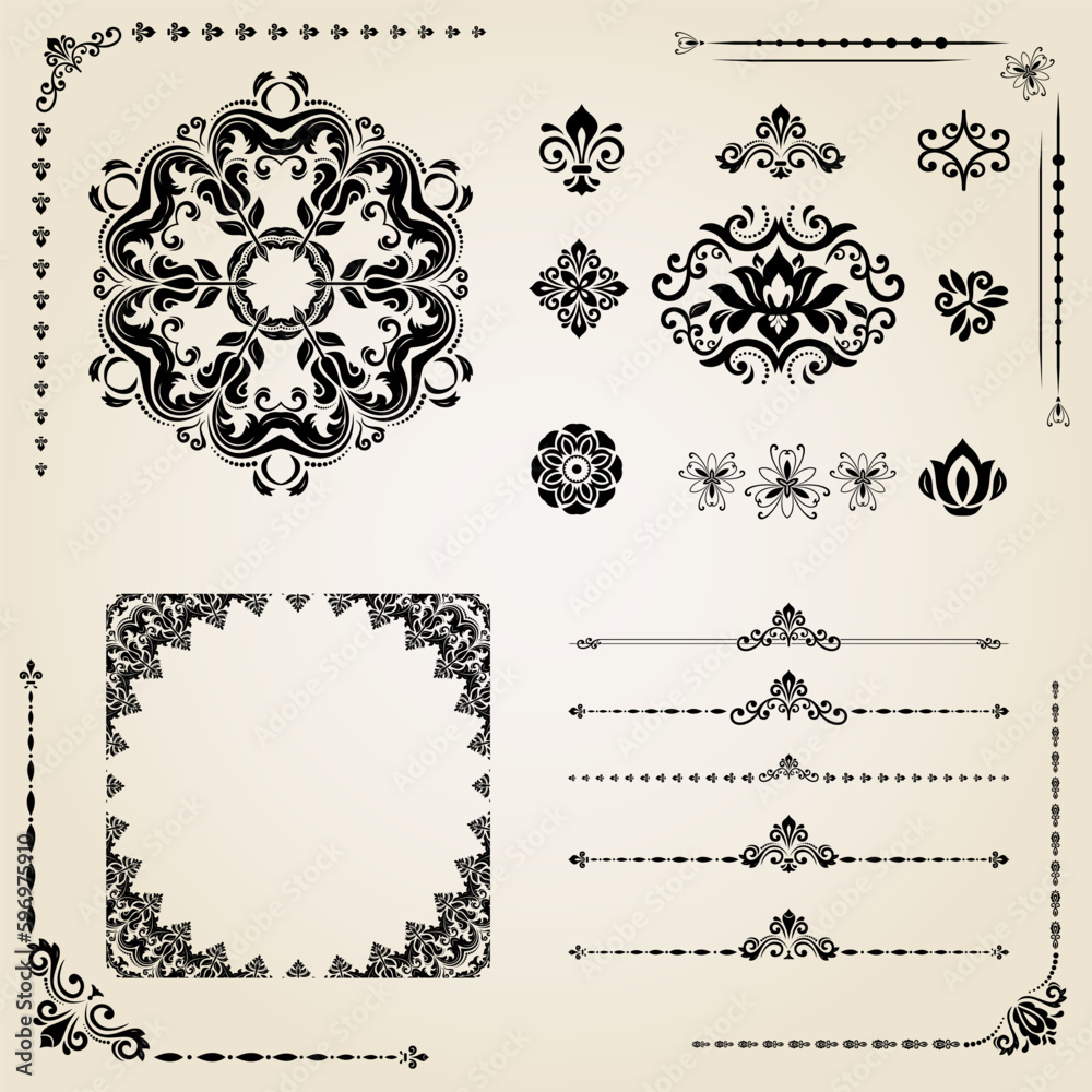 Vintage set of vector horizontal, square and round elements. Elements for backgrounds and frames. Classic patterns. Set of vintage patterns