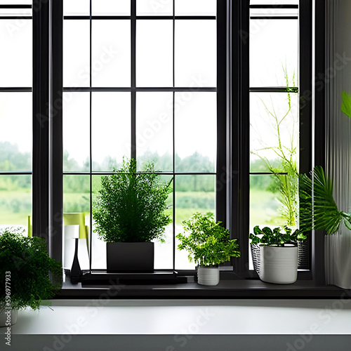 Living with plants on the windowsill created with generative AI technology Part of creation prompt Houseplants placed in front of the window  plain wooden window frame  