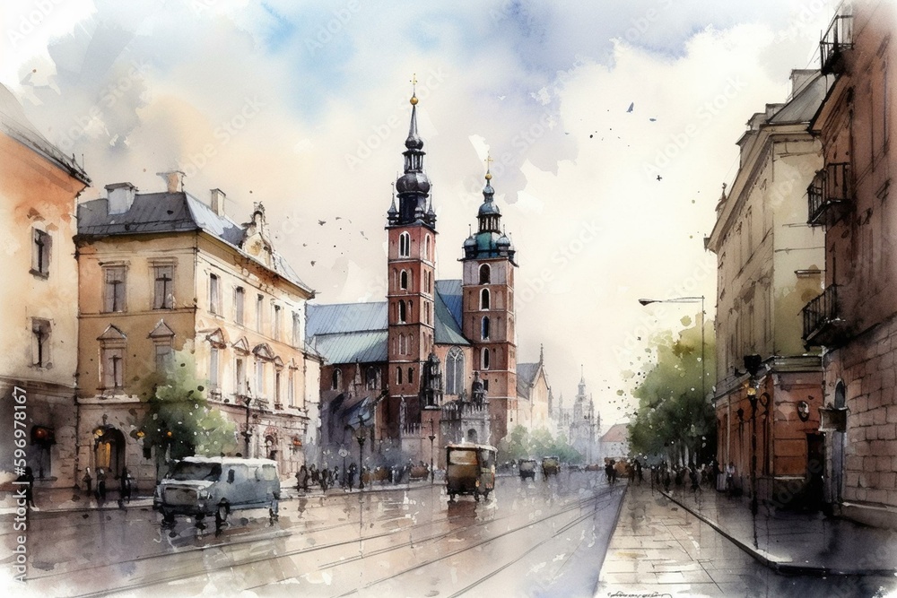 Watercolor painting of Florianska street in the old town of Krakow, Poland with the Mariacki church in the background. Generative AI