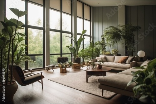 Modern mid-century living room with tall windows, plants & sleek design. Generative AI