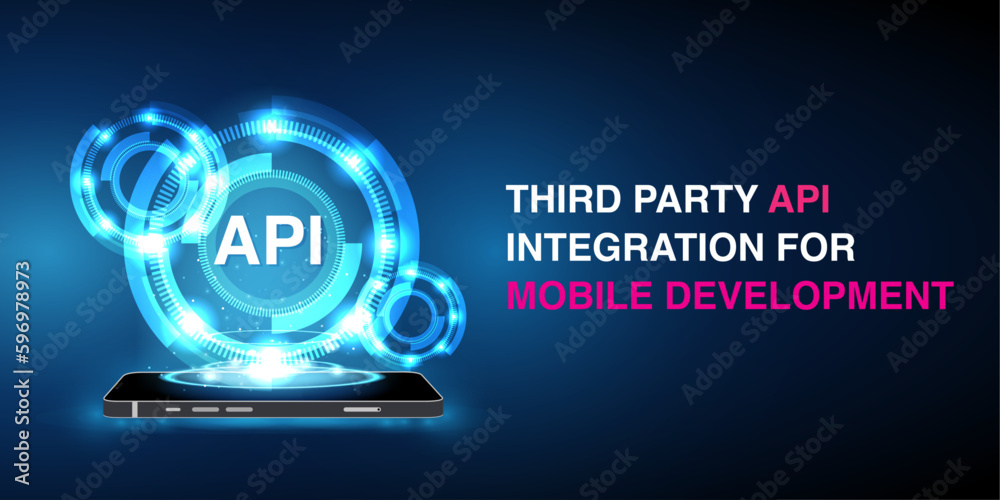 Third party API integration for mobile development. Mobile app API development banner, user software API prototyping, Application Programming Interface. Vector. Third party API integration for mobile development. Mobile app API development banner, user software API prototyping, Application Programming Interface. Vector.