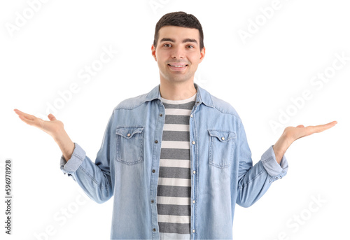 Young man balancing on white background