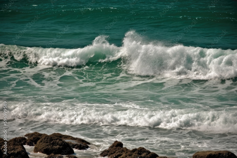 powerful wave crashing onto a rocky shoreline. Generative AI