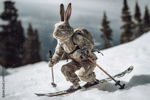 Panoramic view of a skiing rabbit. Generative AI