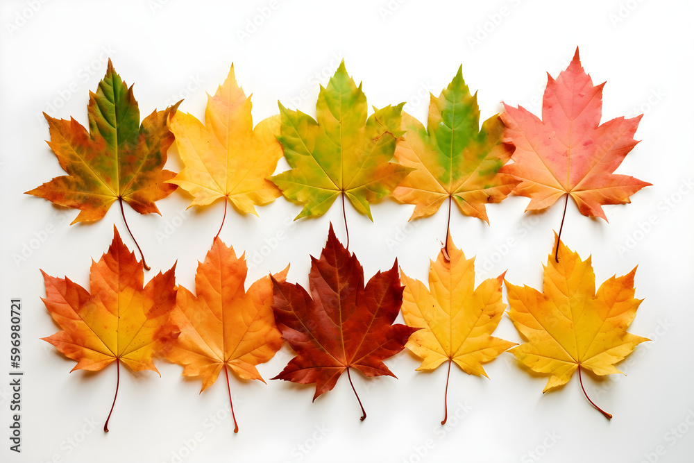 Frontal view of ten natural maple leaves of the autumn period in yellow, orange, red, burgundy, green colors on a white background.
Generative AI. Frontal view of ten natural maple leaves of the autumn period in yellow, orange, red, burgundy, green colors on a white background.
Generative AI.