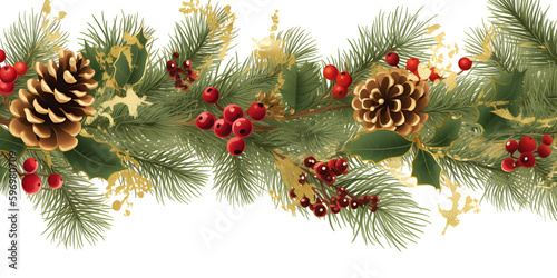Festive Christmas border, isolated on white background. Fir green branches are decorated with gold stars, fir cones and red berries, banner format. Generative AI. 