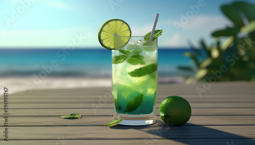 Cool and Crisp: A Mojito Cocktail to Beat the Summer Heat, Product Photo Mockup, Illustartion, HD Photorealistic - Generative AI
