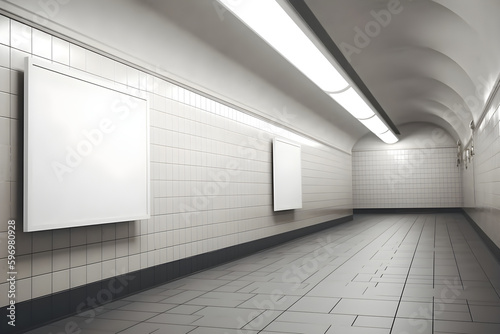Two mockup blank white signs in underground subway. Generative AI. 