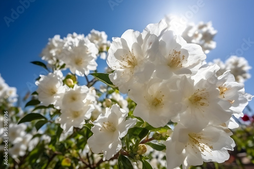 White flowers in spring in nature against a blue sky. 
Generative AI. 
