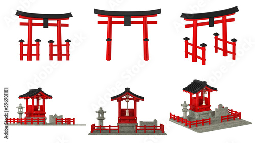 Japanese gateway Torii and Japanese shrine isolated with CLIPPING PATH, 3d rendering