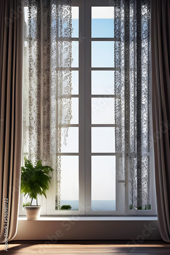 Living with plants on the windowsill created with generative AI technology Part of creation prompt Houseplants placed in front of the window  plain wooden window frame  