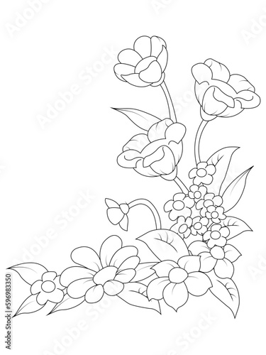 Vector hand drawing corner bouquet with outline Anemone flower or Windflower, bud and leaf in black isolated on white background. Ornate contour Anemone for spring or summer design or coloring ...