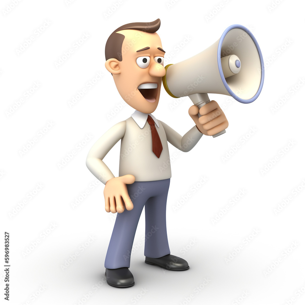 Cartoon 3d character of business man speaking into a megaphone Cartoon 3d character of business man speaking into a megaphone