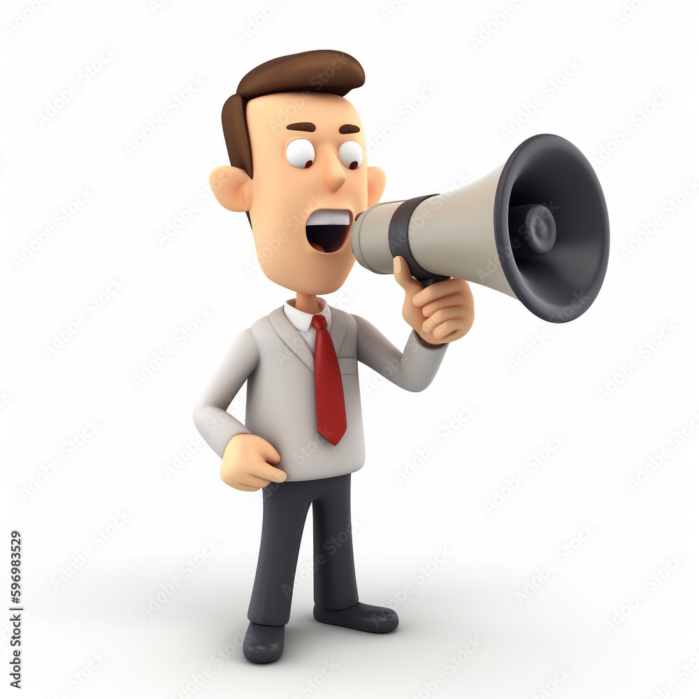 Cartoon 3d character of business man speaking into a megaphone Cartoon 3d character of business man speaking into a megaphone