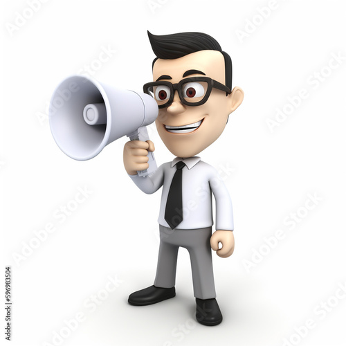 Cartoon 3d character of business man speaking into a megaphone