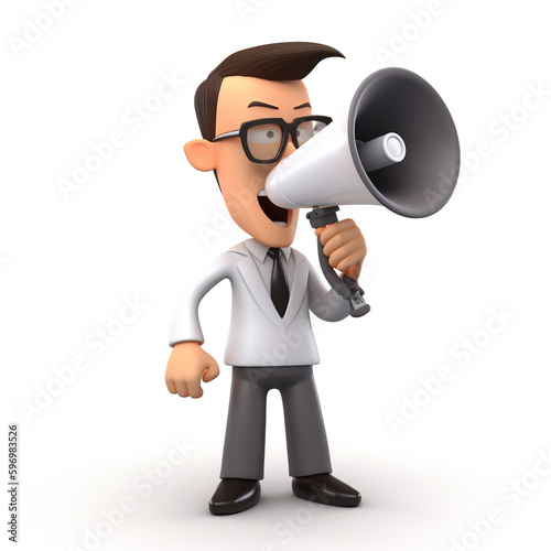 Cartoon 3d character of business man speaking into a megaphone