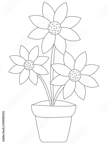 Vector illustration with flowers. Coloring page. Garden print. Monochrome line drawing. Flower, floral painting. Graphic line art