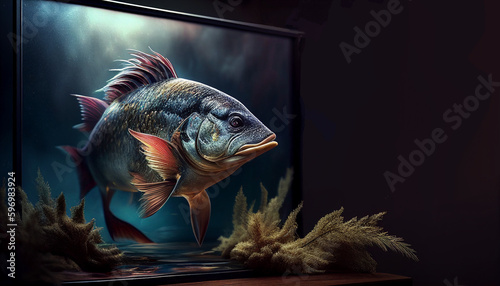 Überfischung, Naturschutz, Fisch kommt aus Bildschirm, Bilderrahmen, TV heraus, Generative AI 