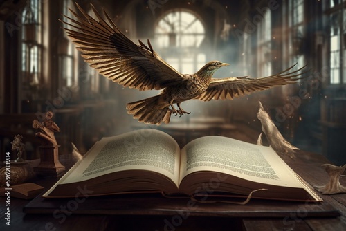 Digital art of avian soaring over literature. Generative AI © Aeris