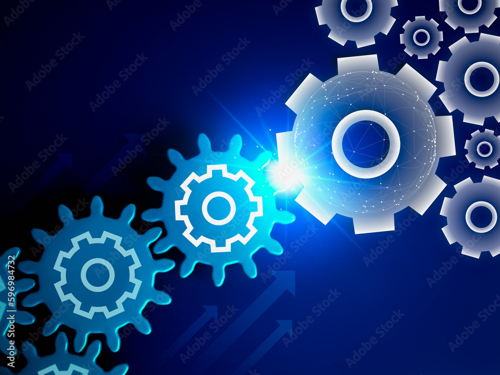 Blue shiny light bulb on digital gear wheels graphic icon connected with real gear cog wheels with rising arrows on blue background. Business strategy, management technology and solution concepts.