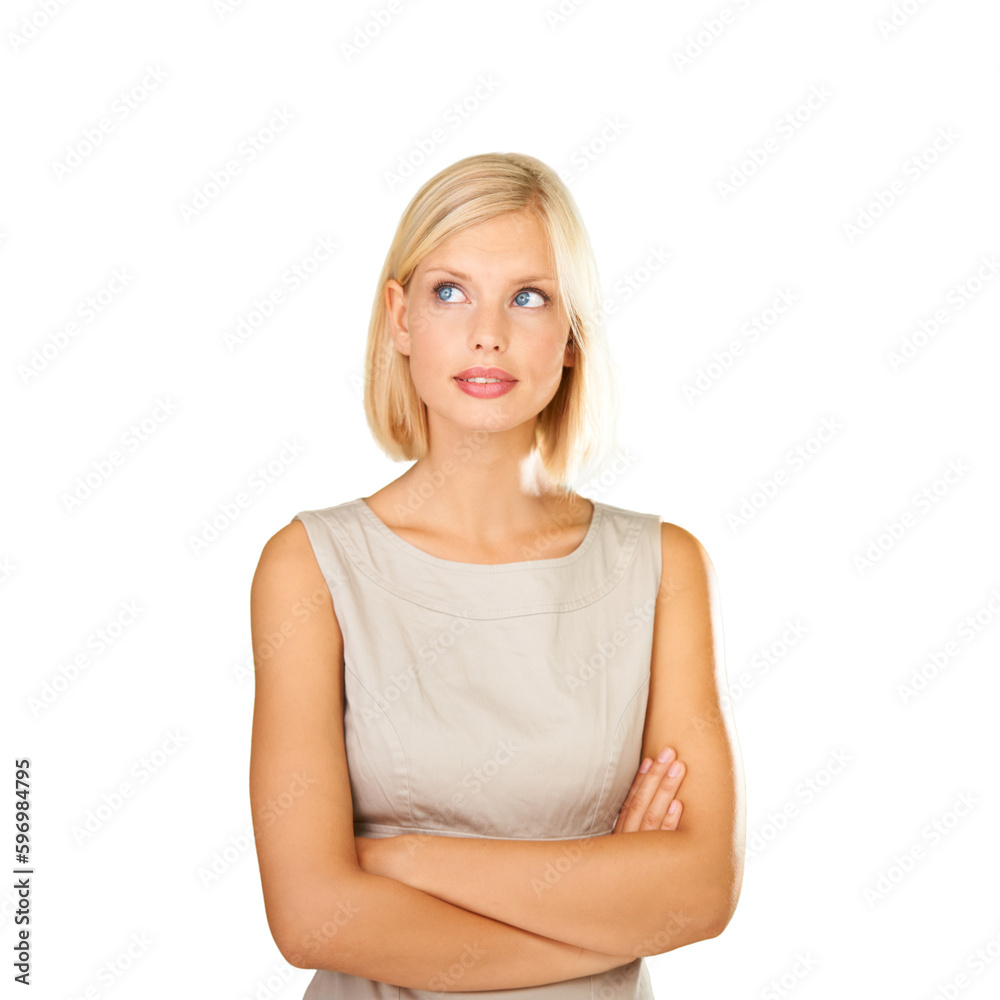 Business woman, arms crossed and thinking of idea on transparent background to remember memory. Entrepreneur person think of a solution, decision or corporate choice and question isolated on png Business woman, arms crossed and thinking of idea on transparent background to remember memory. Entrepreneur person think of a solution, decision or corporate choice and question isolated on png