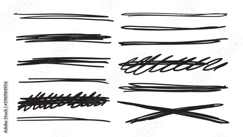 Set of hand drawn scribbles, strikethroughs, underlines with marker, pen, pencil. Abstract lines for the design of handwritten text. Vector illustration isolated on white background.