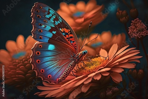 Excited butterfly on spring flowers. generative ai