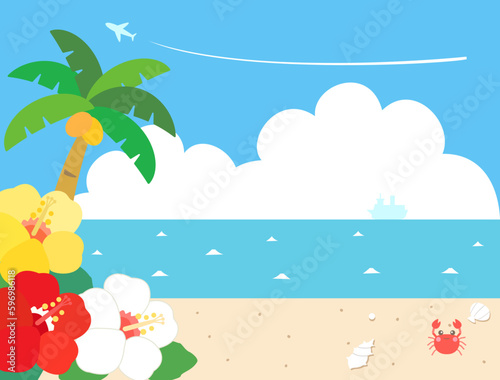 ハイビスカスと海や入道雲などの真夏のビーチをイメージしたイラスト