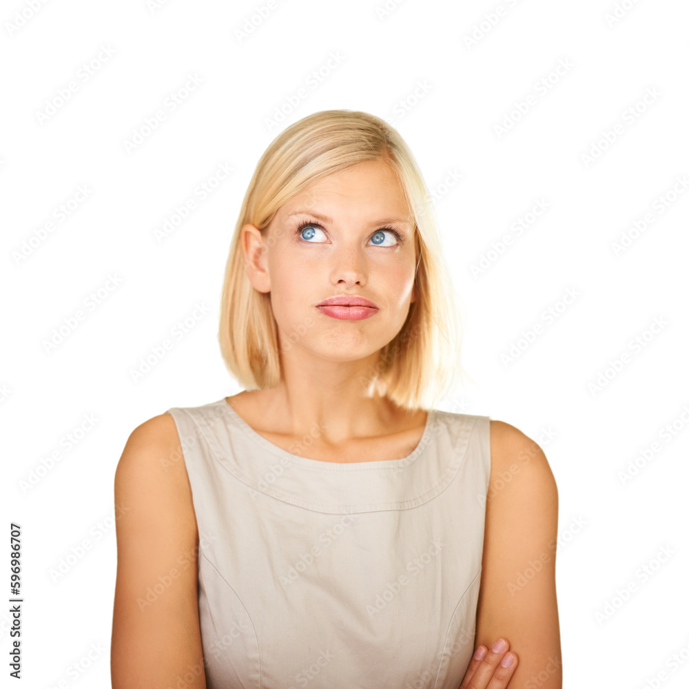 Woman, doubt and model thinking of anxiety on transparent background while worried and nervous. Business person, face or headshot to think of solution, decision or choice and question isolated on png Woman, doubt and model thinking of anxiety on transparent background while worried and nervous. Business person, face or headshot to think of solution, decision or choice and question isolated on png