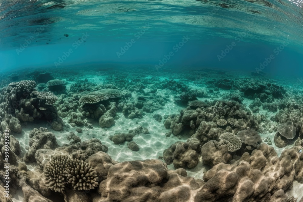 Naklejka premium vibrant coral reef ecosystem in the deep blue ocean. Generative AI