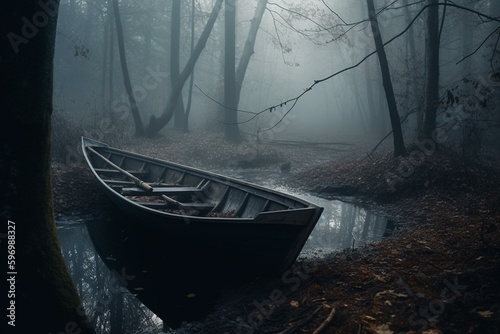 Wallpaper Mural Abandoned rowboat left in misty forest corner. Generative AI