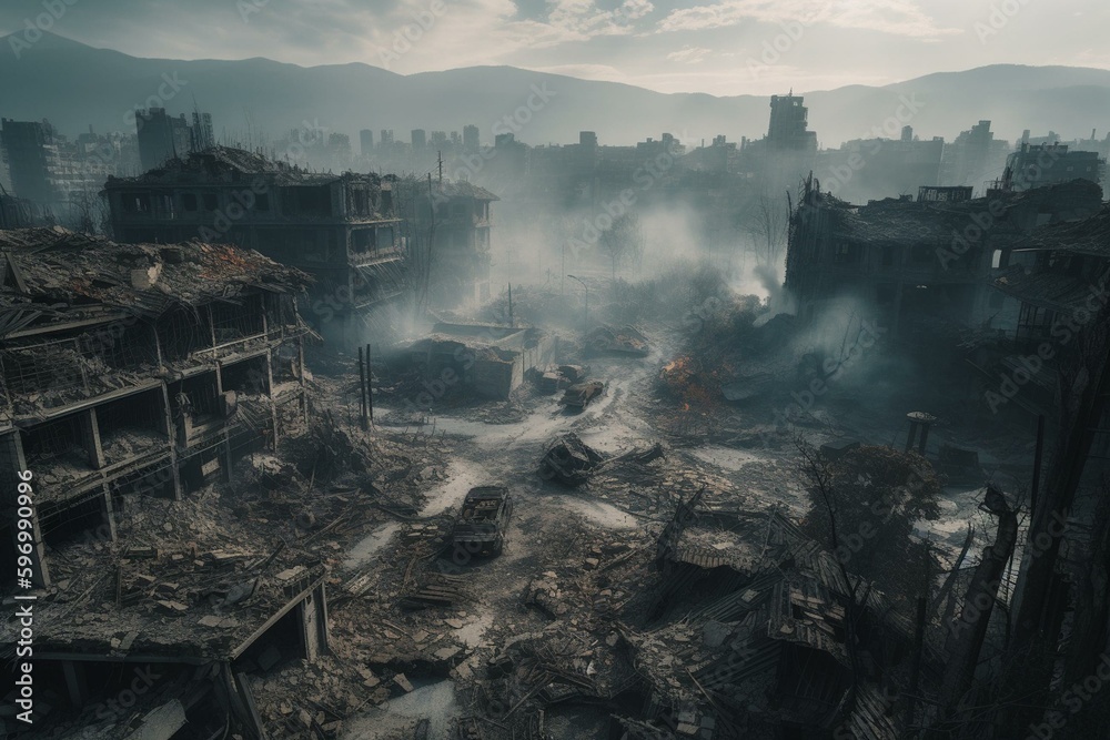 A city devastated by earthquake with ruined buildings, debris, rubble, smoke. Generative AI
