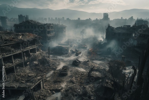 A city devastated by earthquake with ruined buildings  debris  rubble  smoke. Generative AI