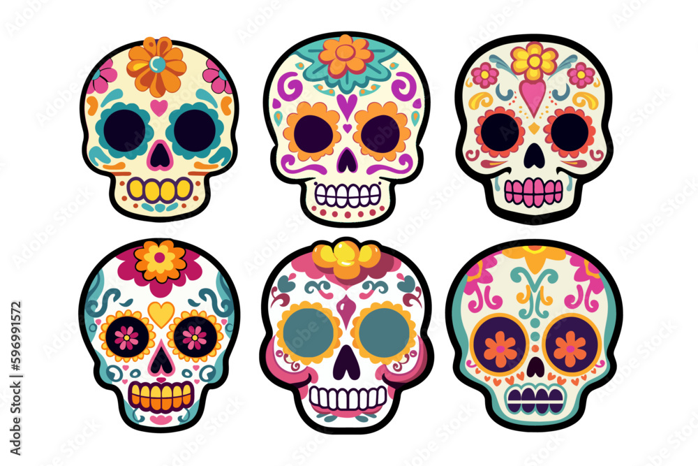 A collection of 6 colorful cartoon sugar skulls, perfect for Day of the Dead celebrations A collection of 6 colorful cartoon sugar skulls, perfect for Day of the Dead celebrations